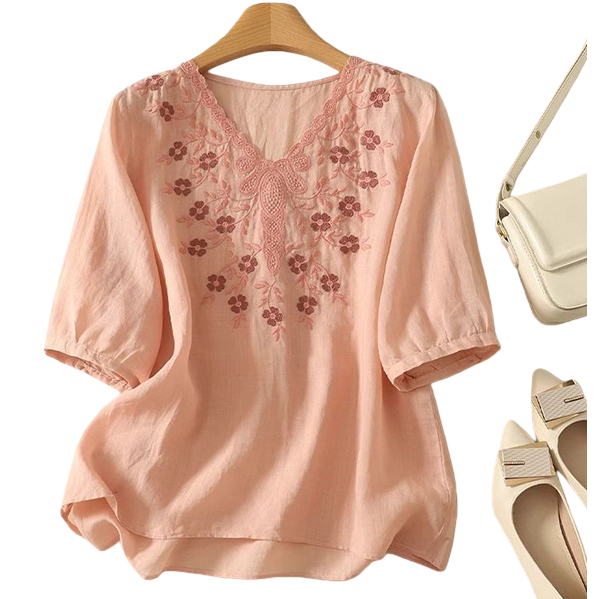 Cotton and linen loose, slimming and concealing flesh heavy embroidery short-sleeved top, new spring and summer versatile pullover T-shirt for women's wear Item Picture