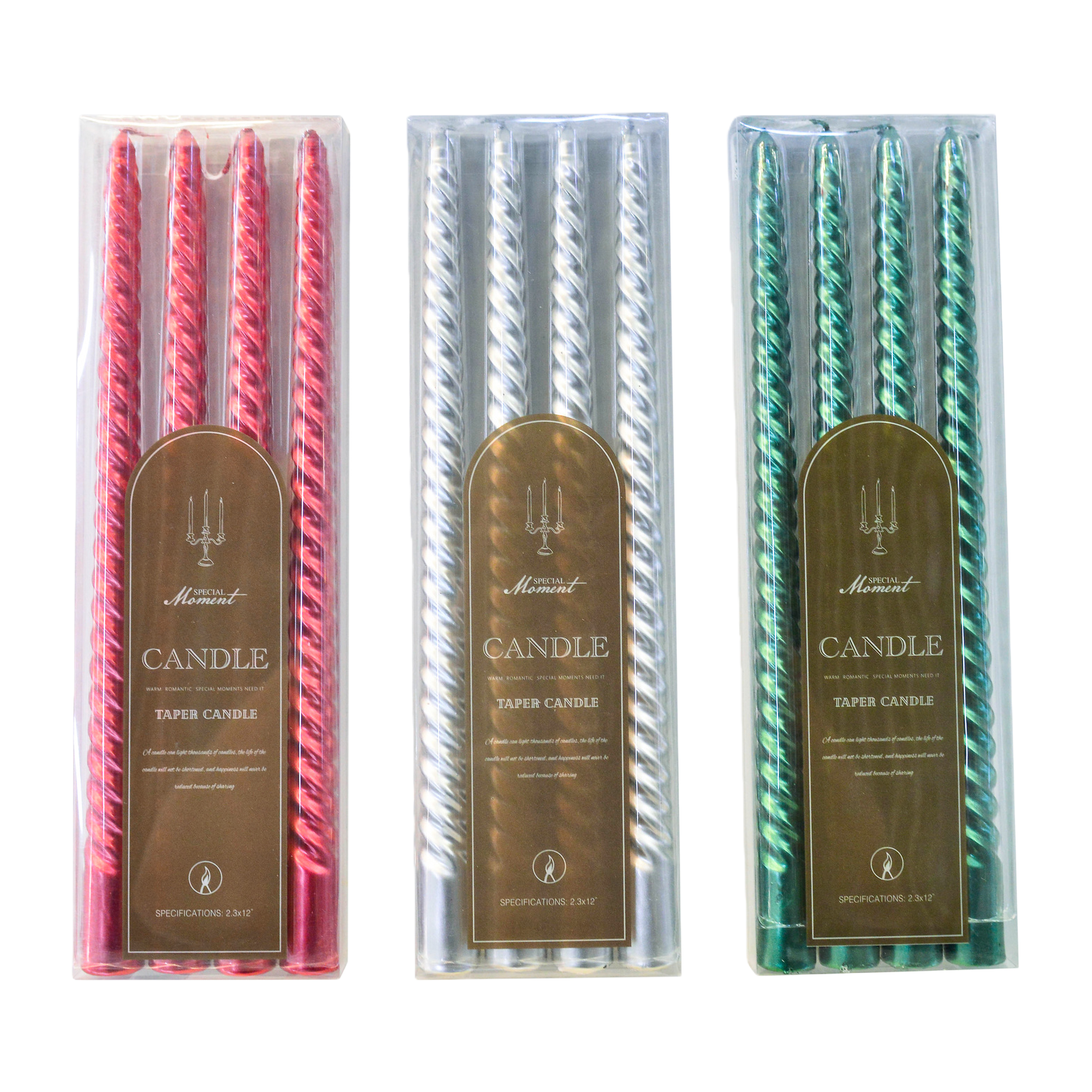 Three groups of spiral birthday party candles in red, silver and green, each three transparent boxes, SPECIAL Moment CANDLE TAPER CANDLE Item Picture