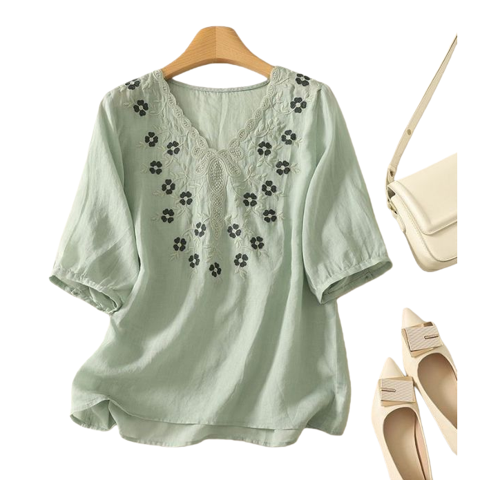 Cotton and linen loose, slimming and concealing flesh heavy embroidery short-sleeved top, new spring and summer versatile pull-up T-shirt for women, 100406335 Item Picture