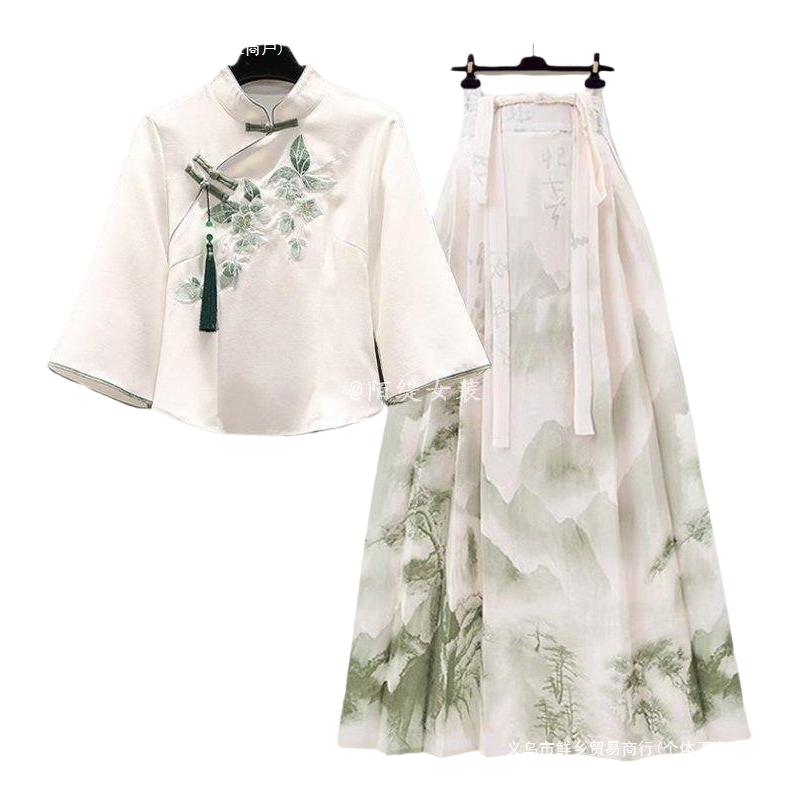 Light-colored embroidered ink-wash landscape ramie women's blouse, formal white shirt, short-sleeved fashionable coat Item Picture