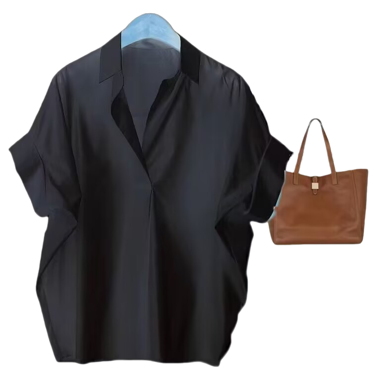 Black loose women's ramie short-sleeved formal shirt top for women's fashion Item Picture