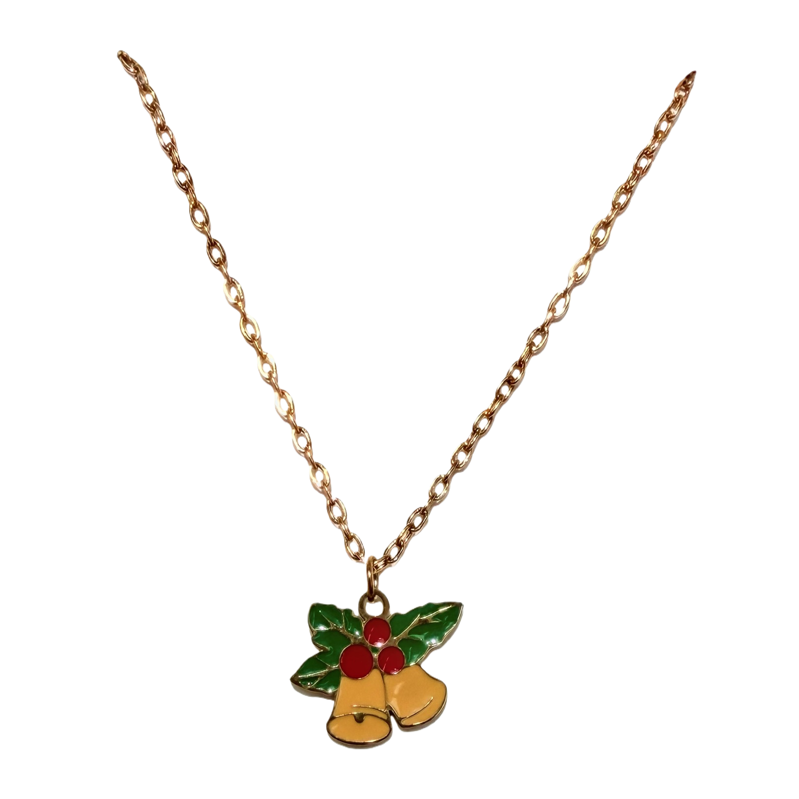 Holly double bell oil-dripping pendant, fine gold bead chain, Christmas fresh and fun accessory, stainless steel, not easy to fade, autumn and winter inner layer, niche decoration collarbone necklace Item Picture