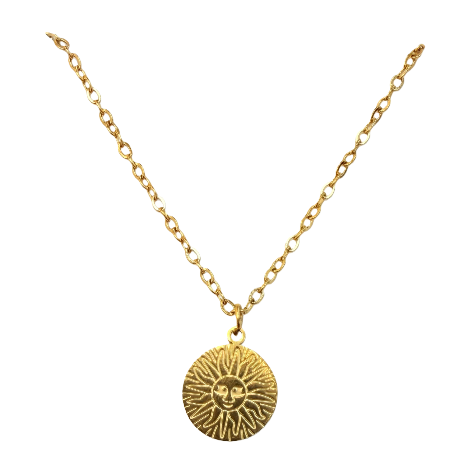 Retro golden sun face relief round plate collarbone chain, thin flat oval gold chain, matte aged stainless steel jewelry, European retro style, daily lay-up, niche atmosphere necklace Item Picture