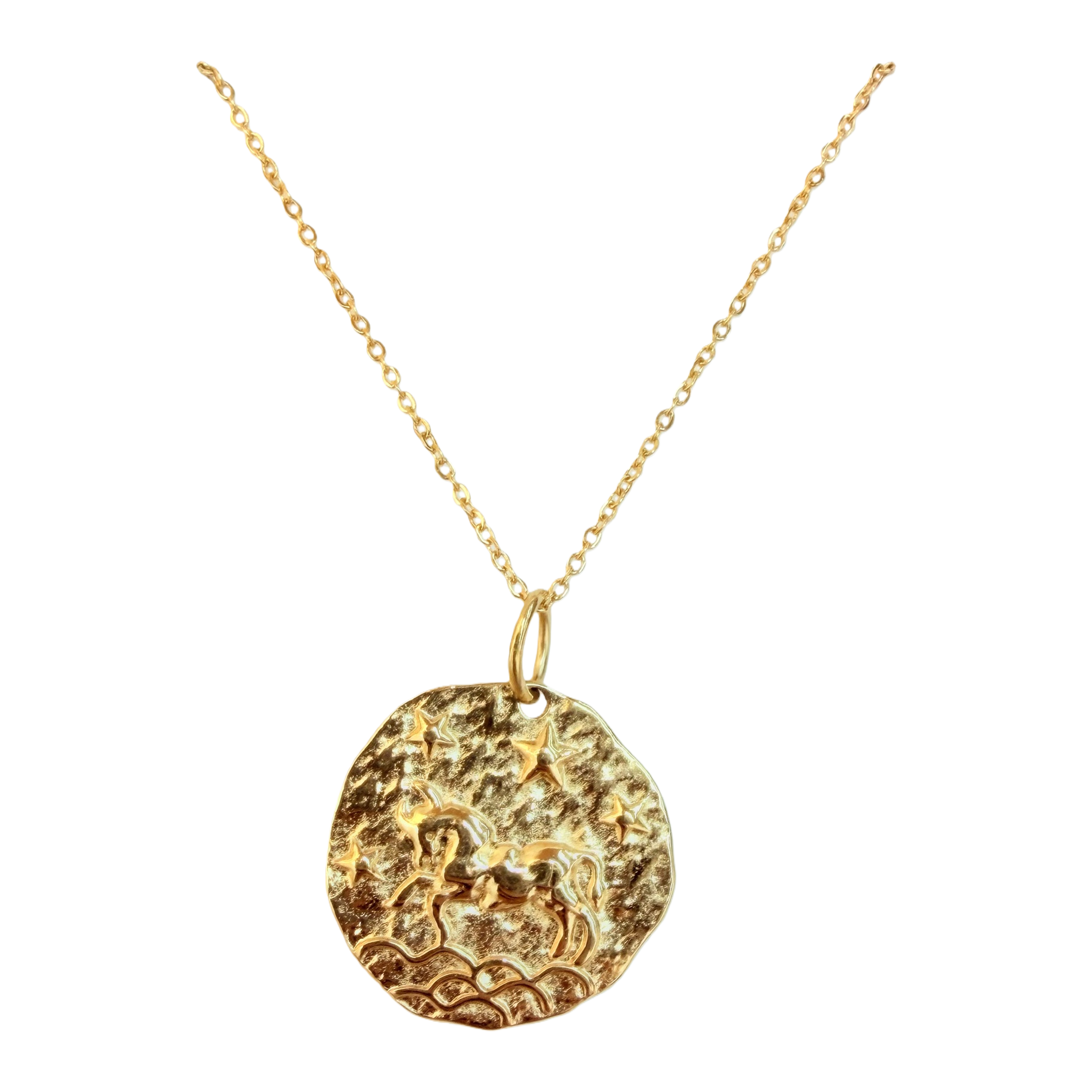 Irregular wavy edge golden horse relief round plate fine twist pattern gold collarbone chain starry sky starlight texture stainless steel necklace small star base retro style daily creative jewelry Item Picture