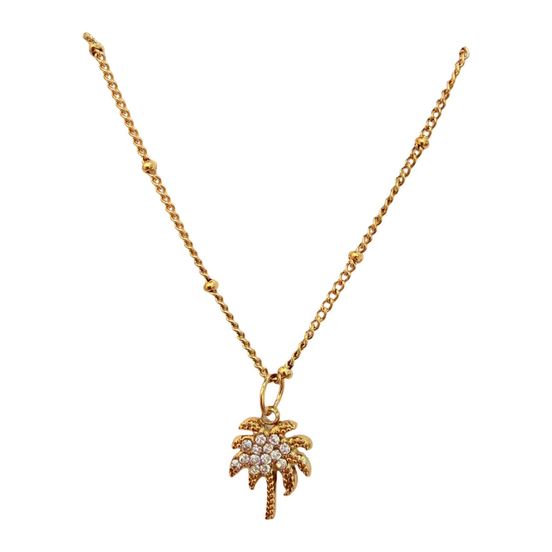 Full diamond palm tree golden pendant necklace, vacation style, niche stainless steel accessory, refreshing summer, versatile for seaside outfits, collarbone jewelry Item Picture