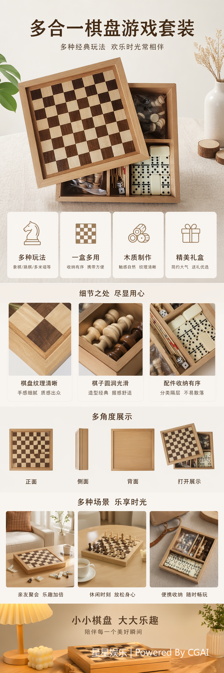 卡游木质棋牌桌游盒含国际象棋跳棋多米诺骰子转盘游戏国际跳棋详情1