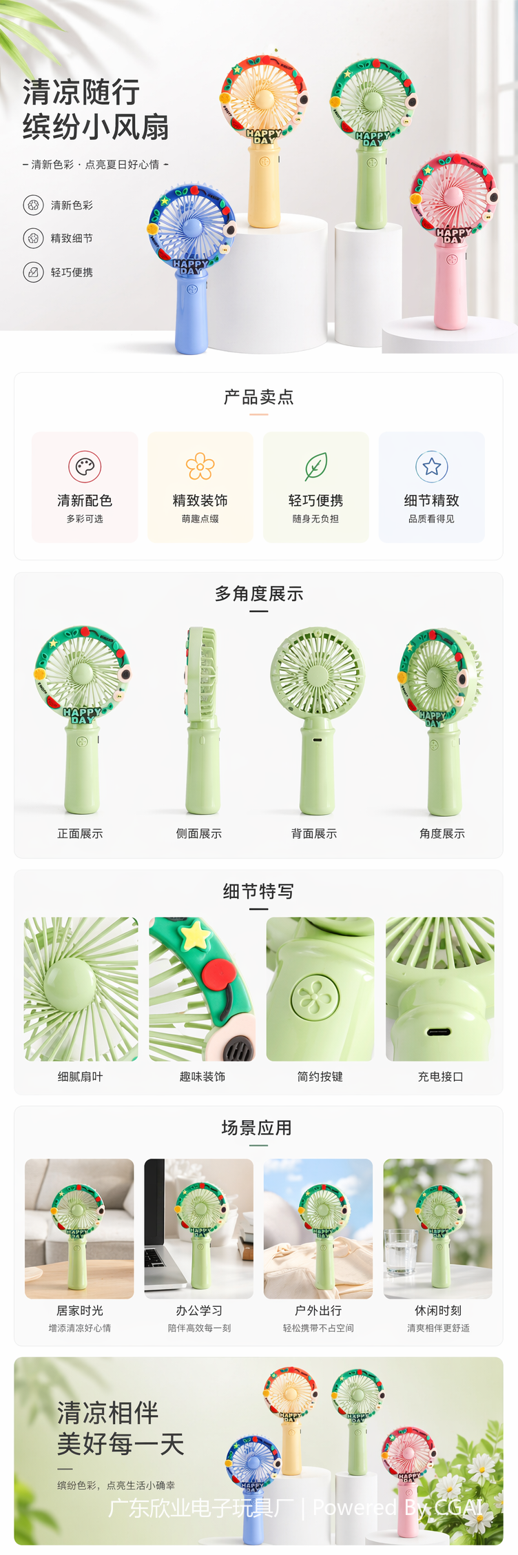 彩色卡通迷你手持小风扇 便携式手持电风扇 小巧静音夏日降温 pic 1