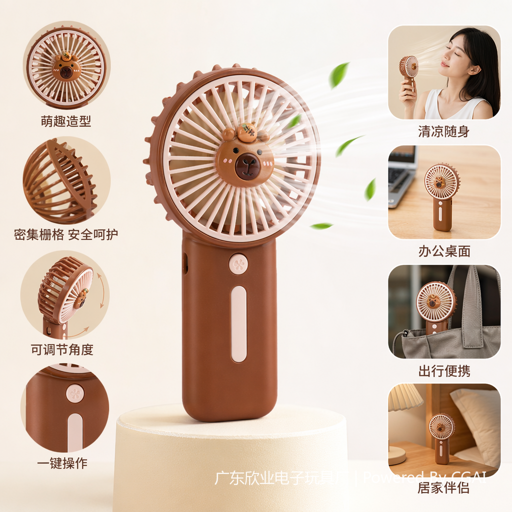 棕色熊头白色熊头迷你手持风扇 小电风扇手持小风扇