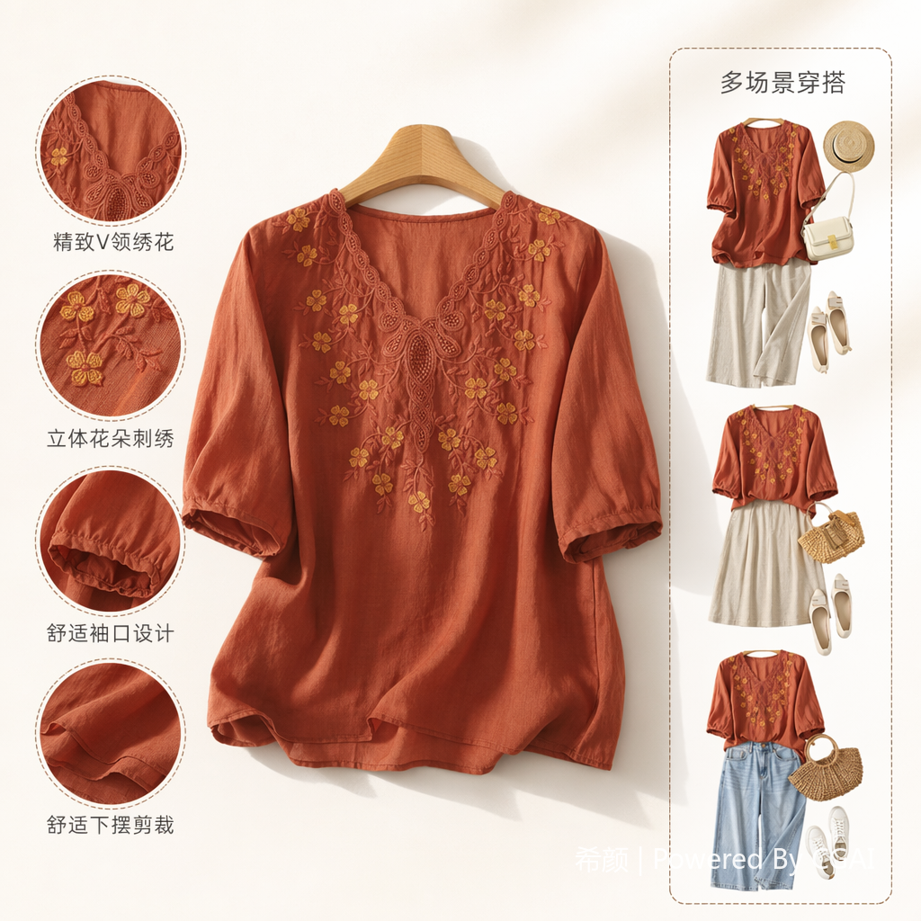 Cotton and linen loose, slimming and concealing flesh heavy embroidery short-sleeved top, new spring and summer versatile pullover T-shirt for women, 100618649 details Picture