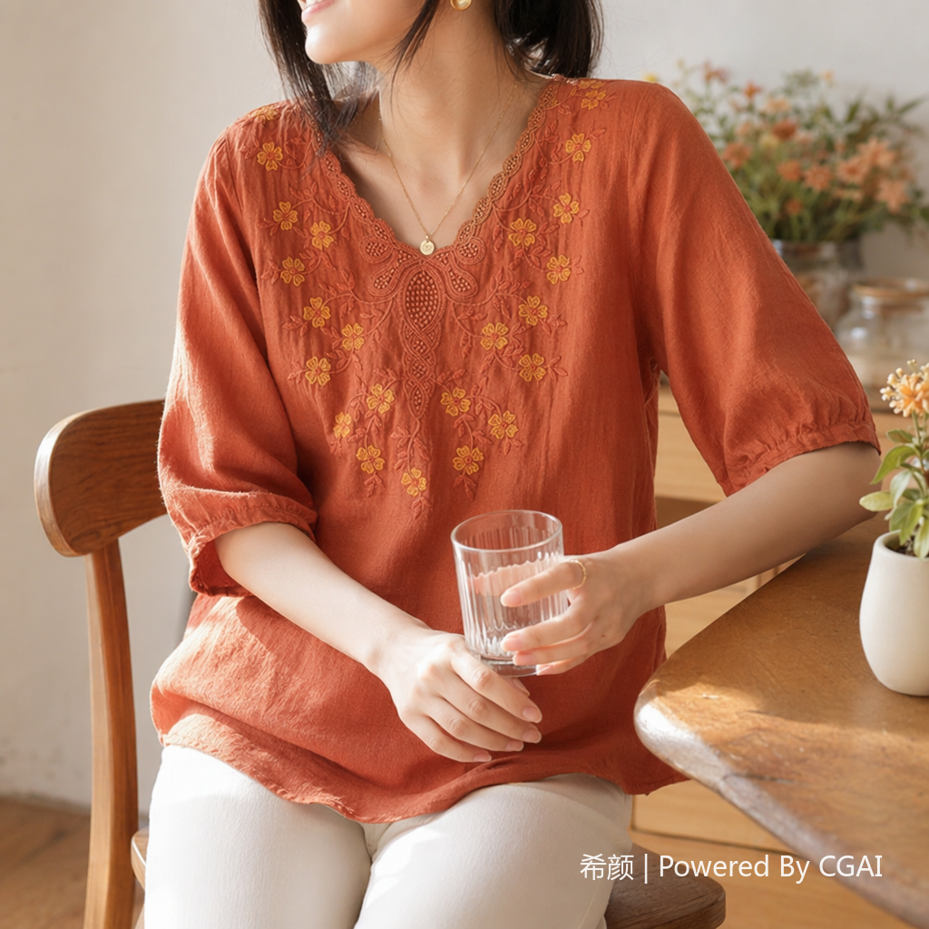 棉麻宽松显瘦遮肉重工刺绣短袖上衣春夏季新款百搭套头T恤女装100618649