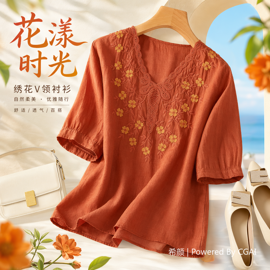 Cotton and linen loose, slimming and concealing flesh heavy embroidery short-sleeved top, new spring and summer versatile pullover T-shirt for women, 100618649 Specification image