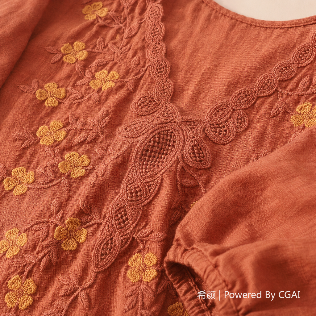 Cotton and linen loose, slimming and concealing flesh heavy embroidery short-sleeved top, new spring and summer versatile pullover T-shirt for women, 100618649 Application Scenario