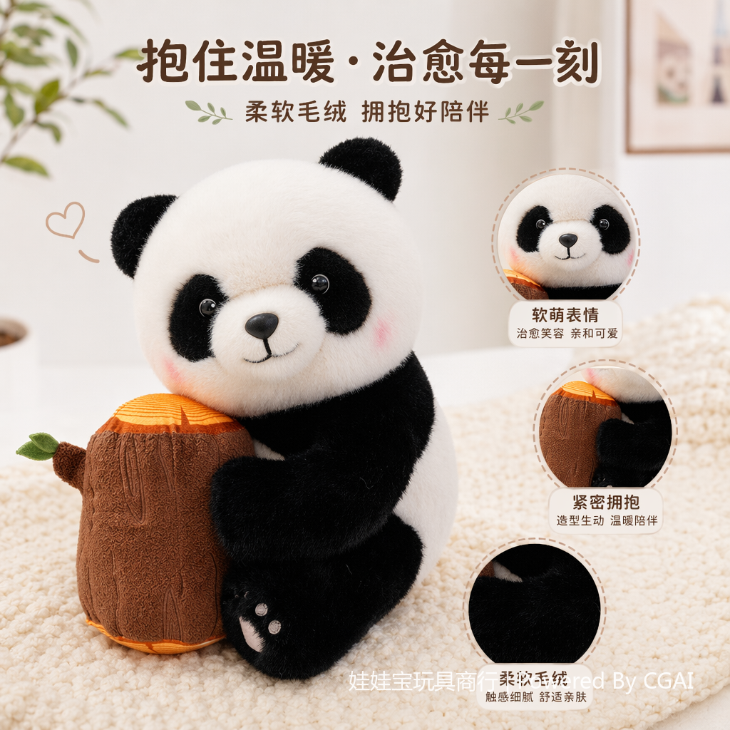 45 cm national trend toy, black and white panda hugging tree stump plush doll, cute and fun home decoration details Picture
