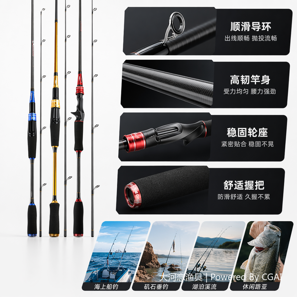 黑色路亚鱼竿套装 渔具路亚竿 鱼竿