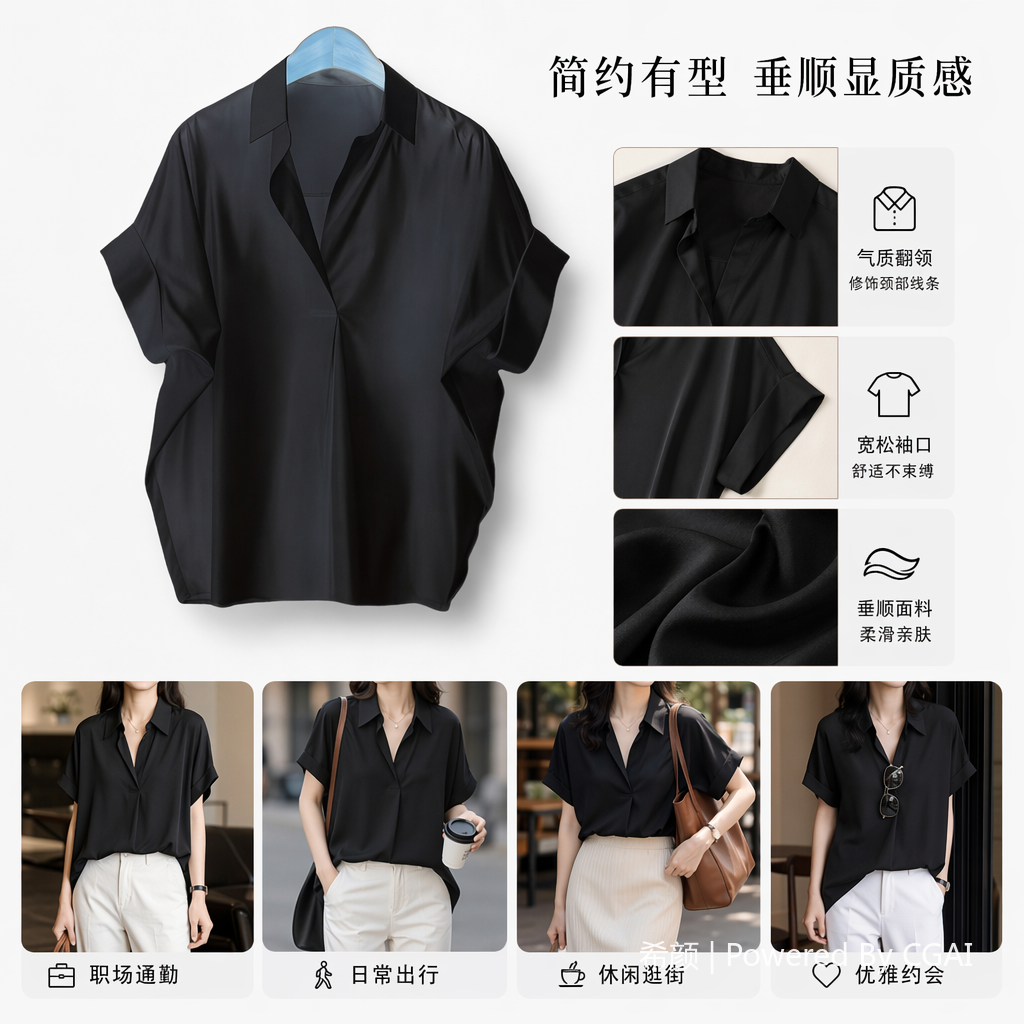 Black loose women's ramie short-sleeved formal shirt top for women's fashion details Picture
