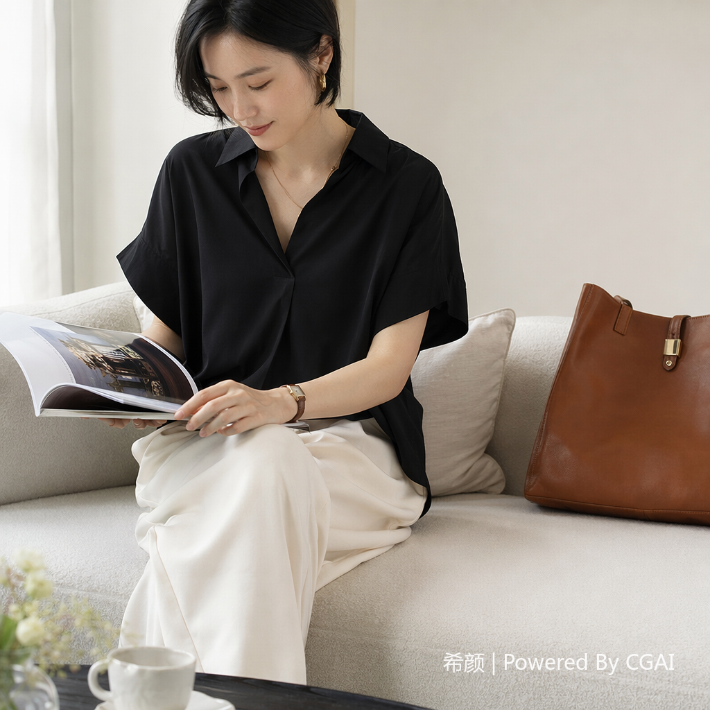 黑色宽松女装苎麻短袖正装衬衣 上衣女时尚
