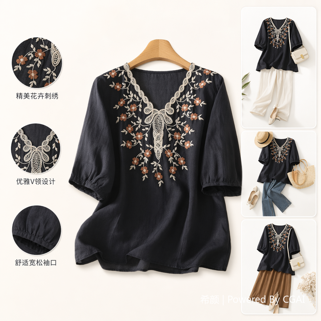 New Chinese-style deep blue embroidered lace top for women's summer short-sleeved elegant dress details Picture