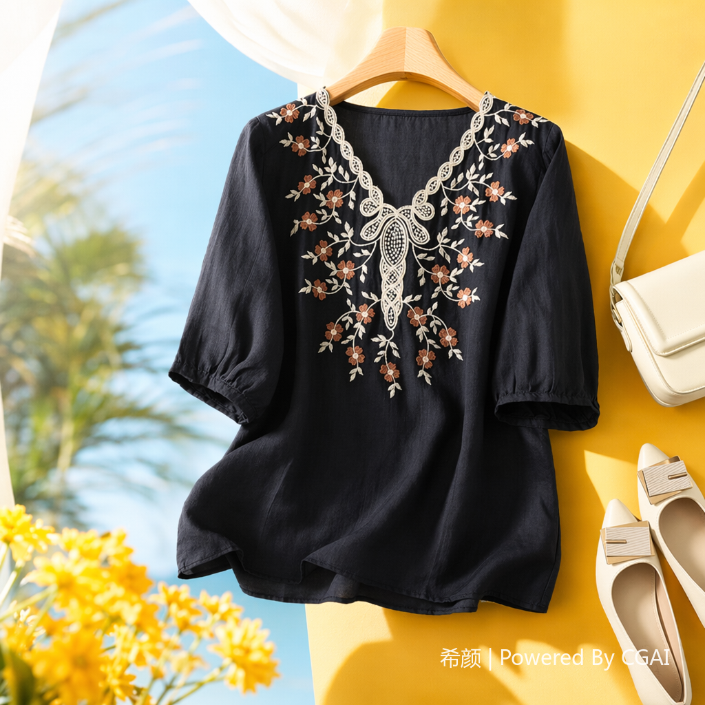 New Chinese-style deep blue embroidered lace top for women's summer short-sleeved elegant dress Specification image