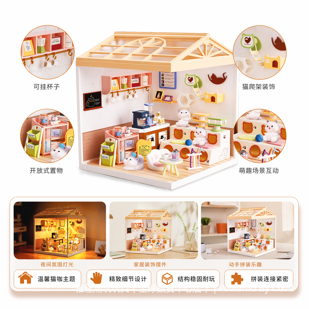 Mini cat cafe model DIY handcrafted assembly toys, children's Lego-style house model toys Specification image