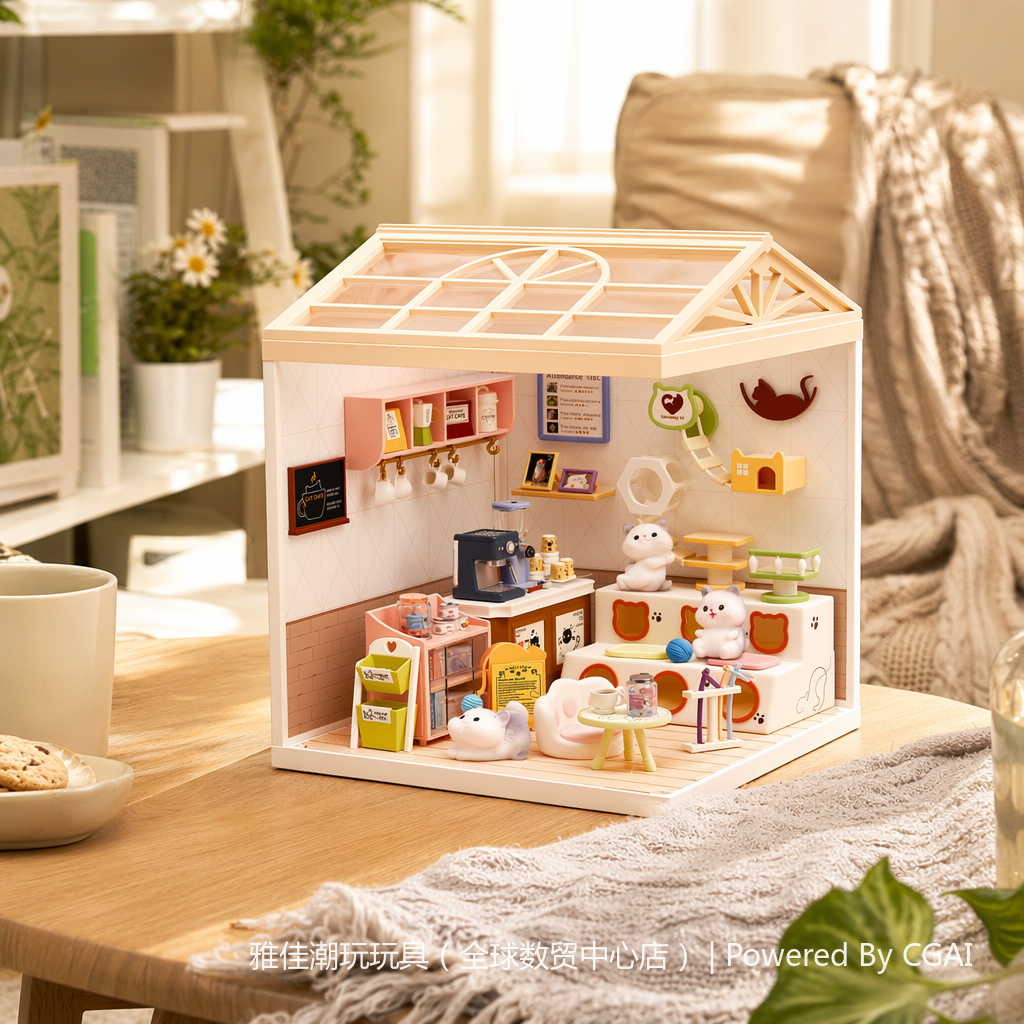 Mini cat cafe model DIY handcrafted assembly toys, children's Lego-style house model toys details Picture