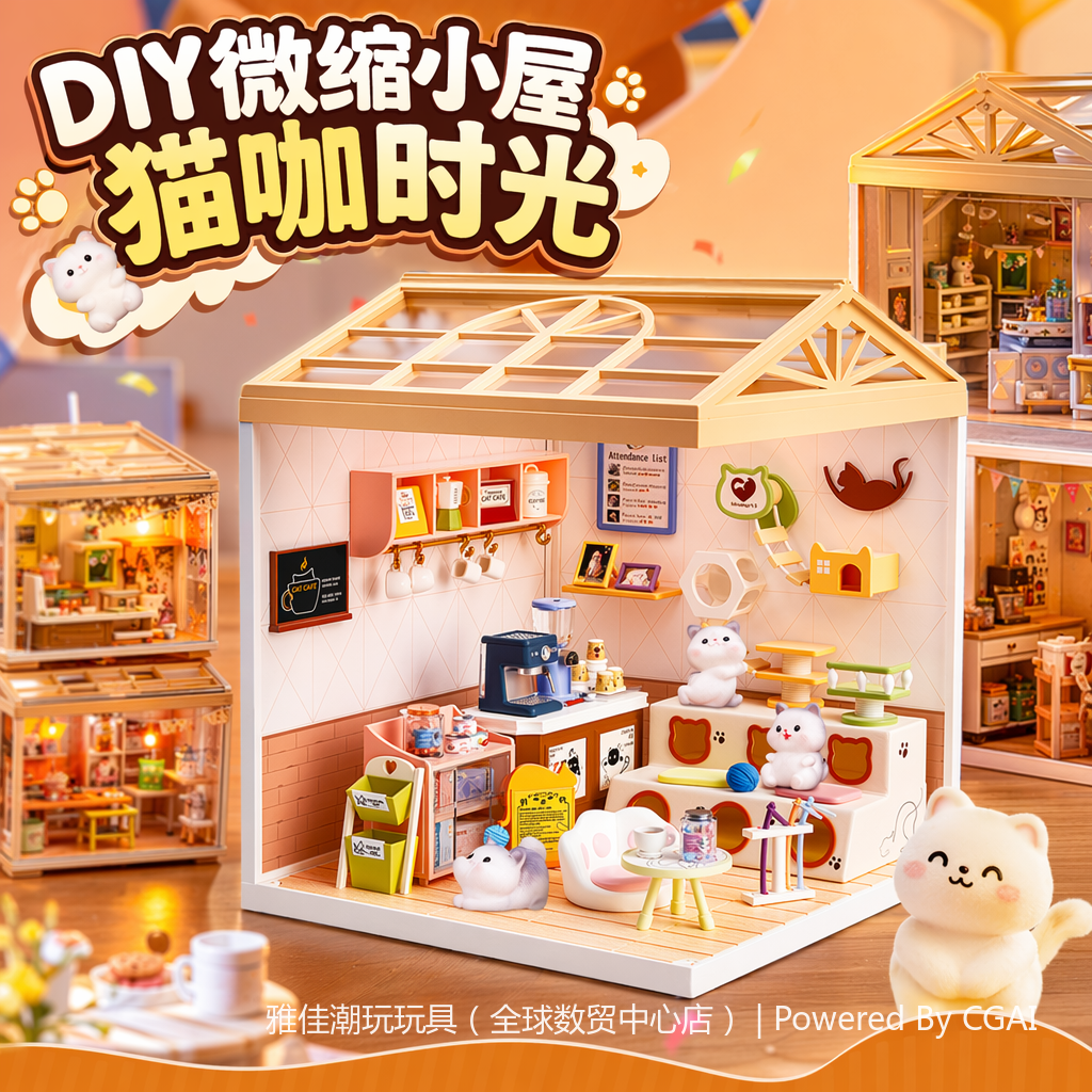 Mini cat cafe model DIY handcrafted assembly toys, children's Lego-style house model toys