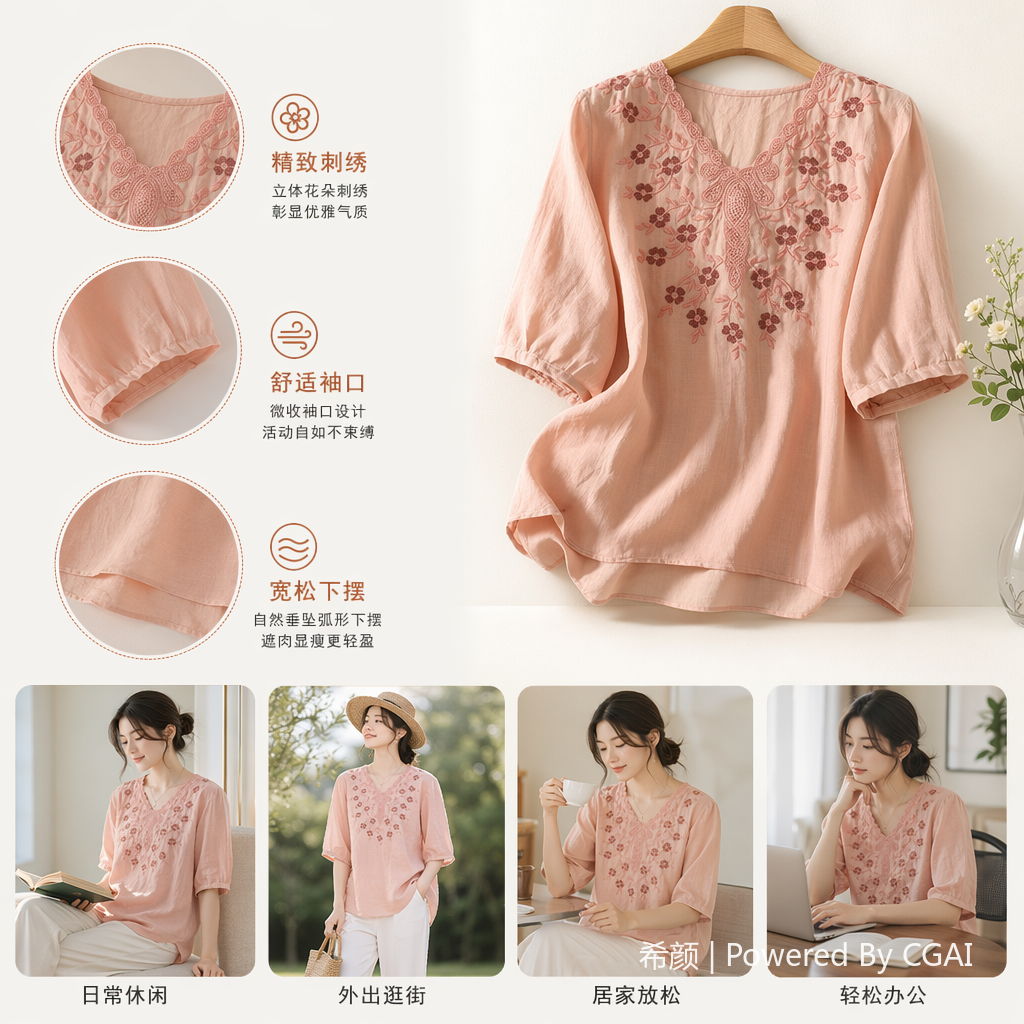 Cotton and linen loose, slimming and concealing flesh heavy embroidery short-sleeved top, new spring and summer versatile pullover T-shirt for women's wear Specification image