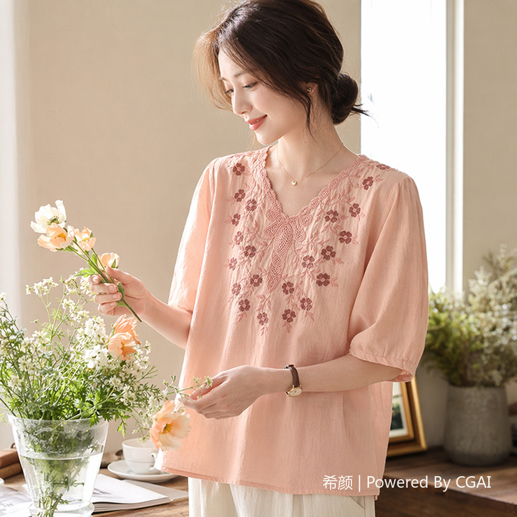Cotton and linen loose, slimming and concealing flesh heavy embroidery short-sleeved top, new spring and summer versatile pullover T-shirt for women's wear