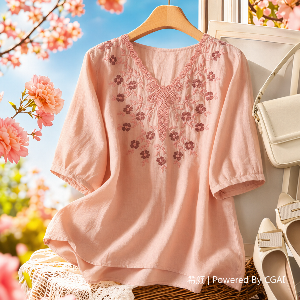 Cotton and linen loose, slimming and concealing flesh heavy embroidery short-sleeved top, new spring and summer versatile pullover T-shirt for women's wear details Picture