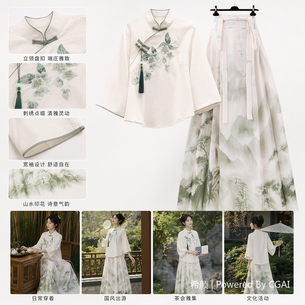 Light-colored embroidered ink-wash landscape ramie women's blouse, formal white shirt, short-sleeved fashionable coat details Picture