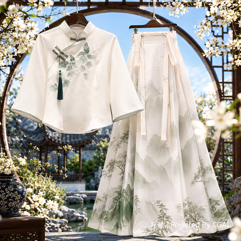 Light-colored embroidered ink-wash landscape ramie women's blouse, formal white shirt, short-sleeved fashionable coat Specification image