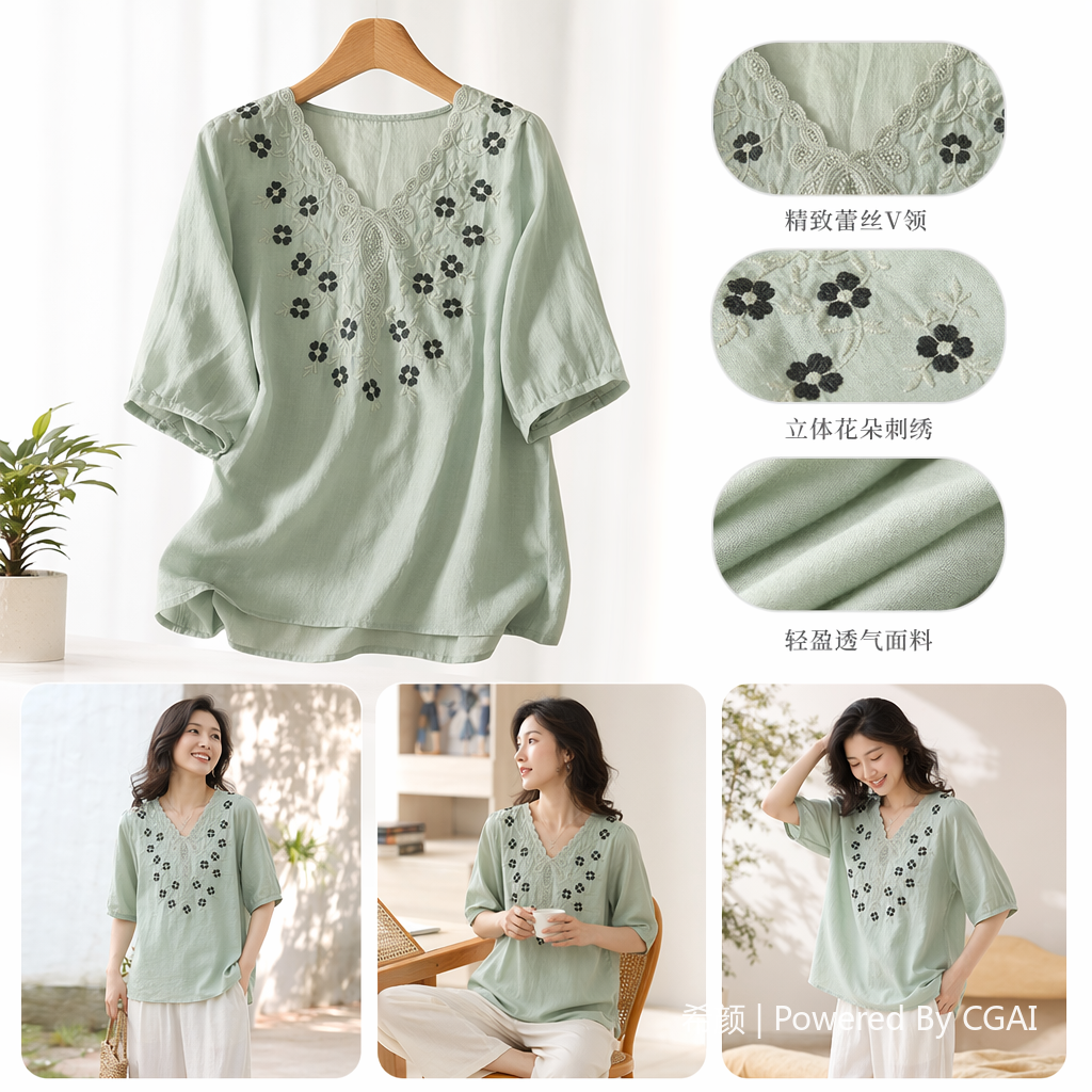 Cotton and linen loose, slimming and concealing flesh heavy embroidery short-sleeved top, new spring and summer versatile pull-up T-shirt for women, 100406335 details Picture