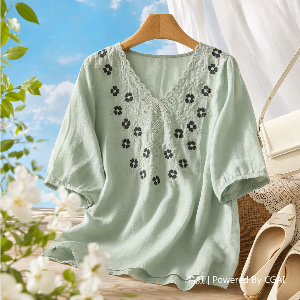 Cotton and linen loose, slimming and concealing flesh heavy embroidery short-sleeved top, new spring and summer versatile pull-up T-shirt for women, 100406335 Specification image