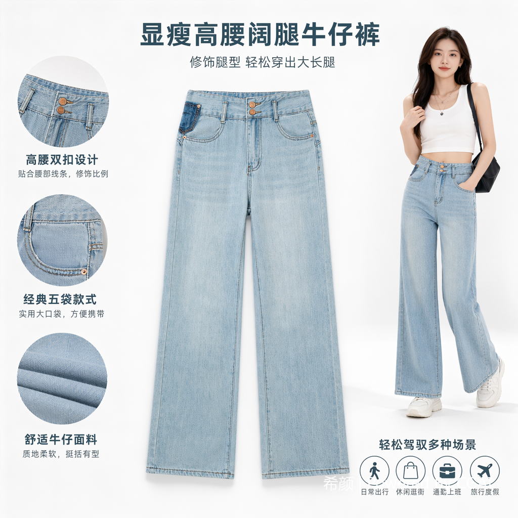 牛仔裤/排扣牛仔裤/女裤宽松/女装/高腰牛仔裤产品图