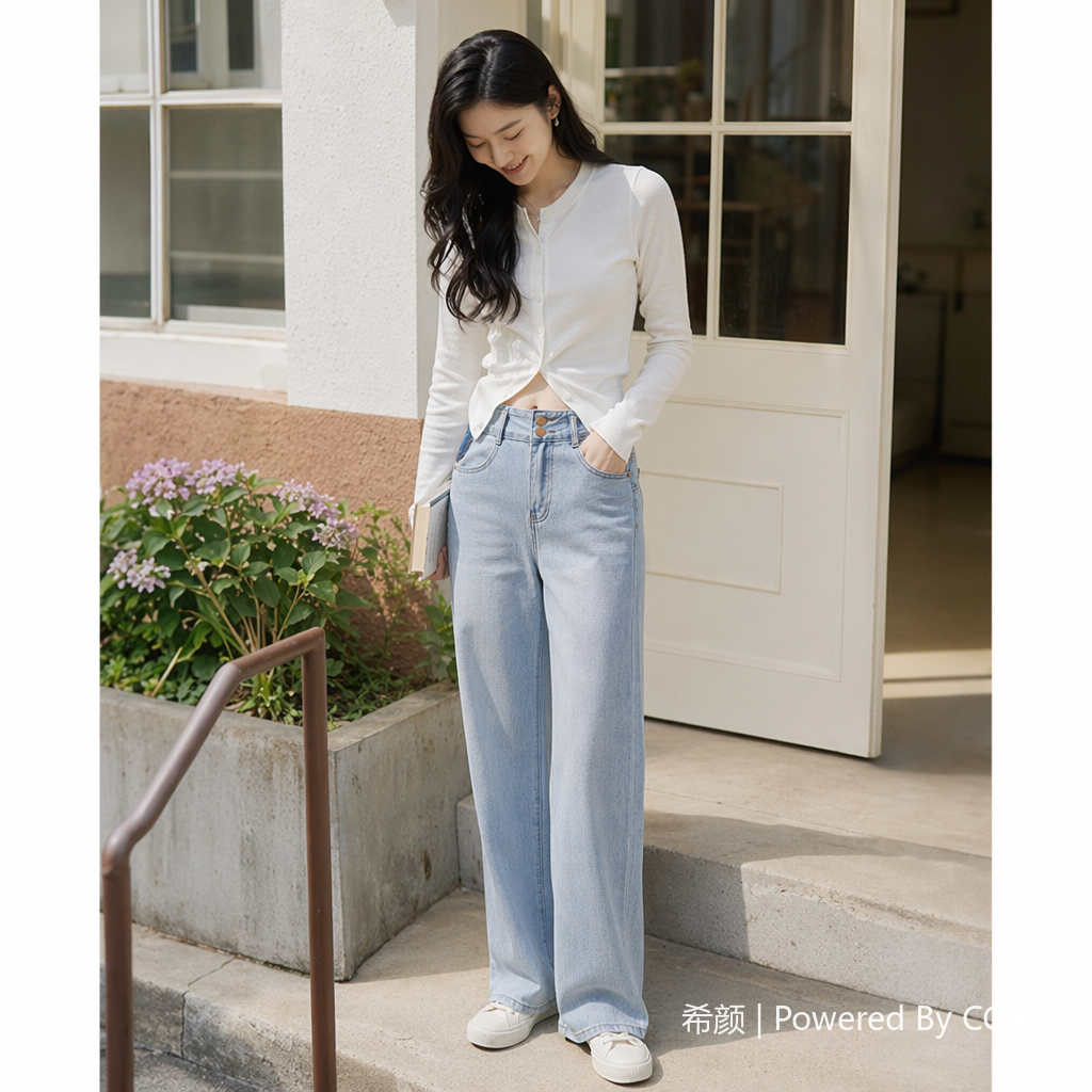 浅蓝色高腰排扣女裤宽松牛仔裤女装
