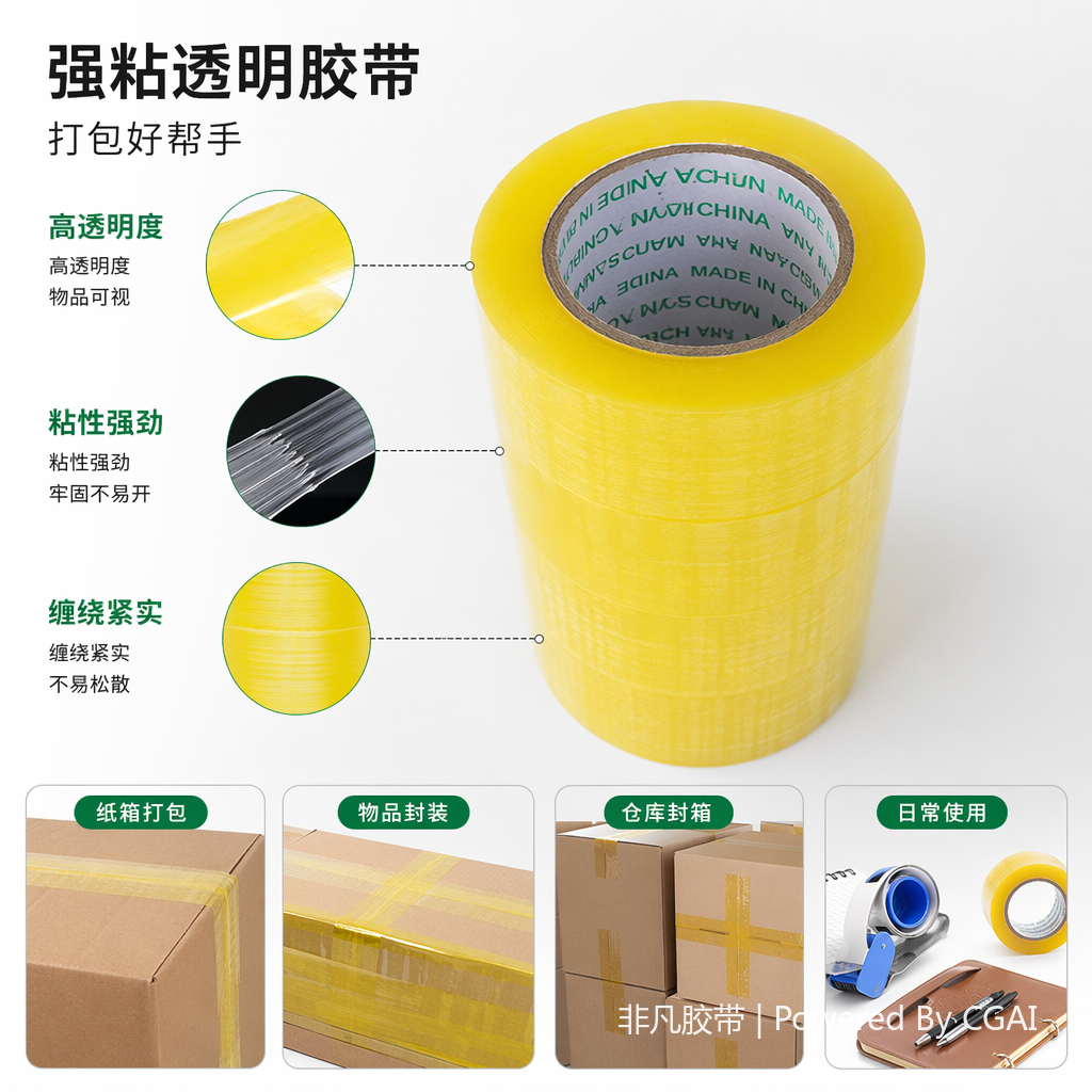 黄色透明封装打包胶带3CM耐高温封箱器4CM胶带卷
