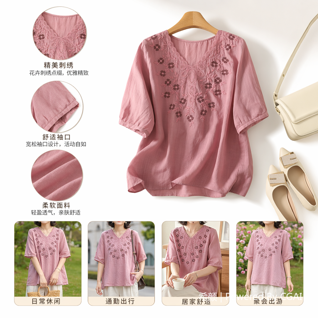 Cotton and linen loose, slimming and concealing flesh heavy embroidery short-sleeved top, new spring and summer versatile pull-up T-shirt for women. 095246523 Specification image