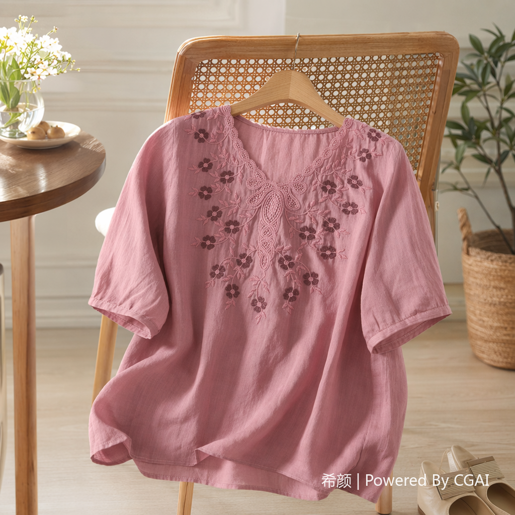 Cotton and linen loose, slimming and concealing flesh heavy embroidery short-sleeved top, new spring and summer versatile pull-up T-shirt for women. 095246523