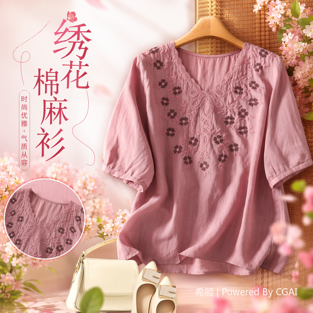 Cotton and linen loose, slimming and concealing flesh heavy embroidery short-sleeved top, new spring and summer versatile pull-up T-shirt for women. 095246523 details Picture
