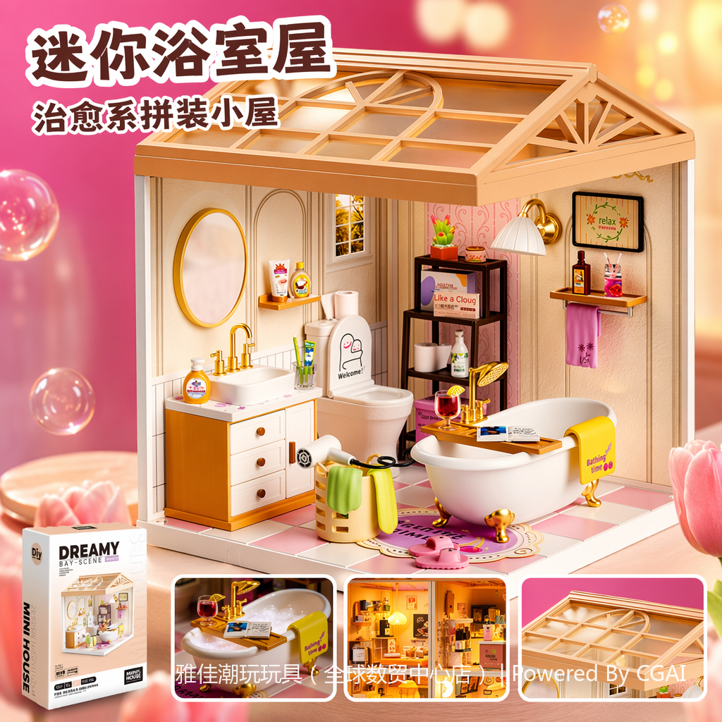 Mini bathroom model DIY handcrafted assembly toys, children's Lego-style house model toys