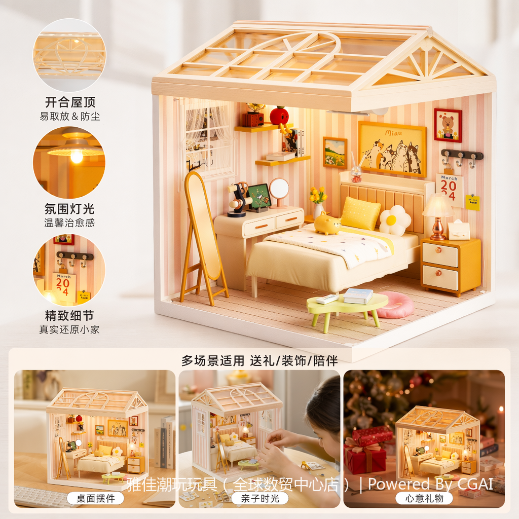 Mini cozy bedroom model DIY handcrafted assembly toys, children's Lego-style house model toys details Picture