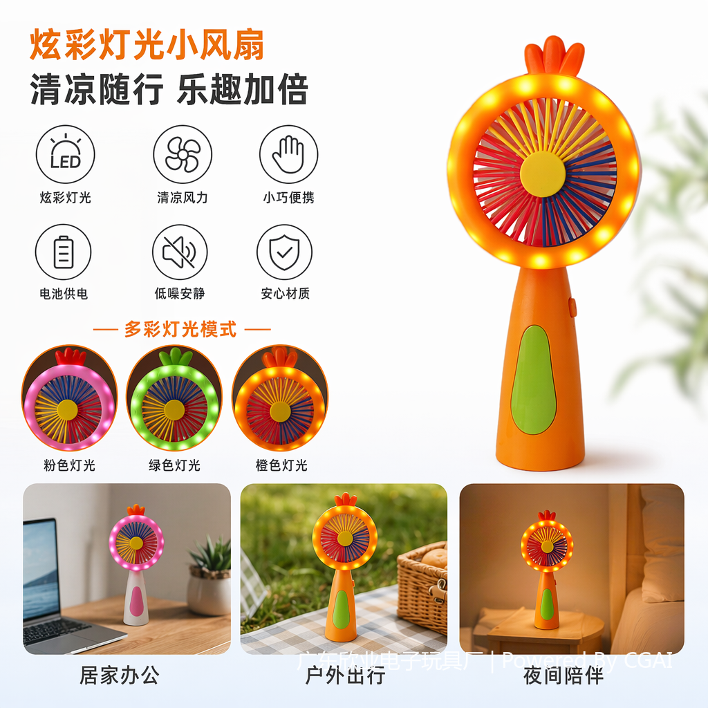 Handheld small fan with light, colorful mini electric fan, outdoor portable small fan