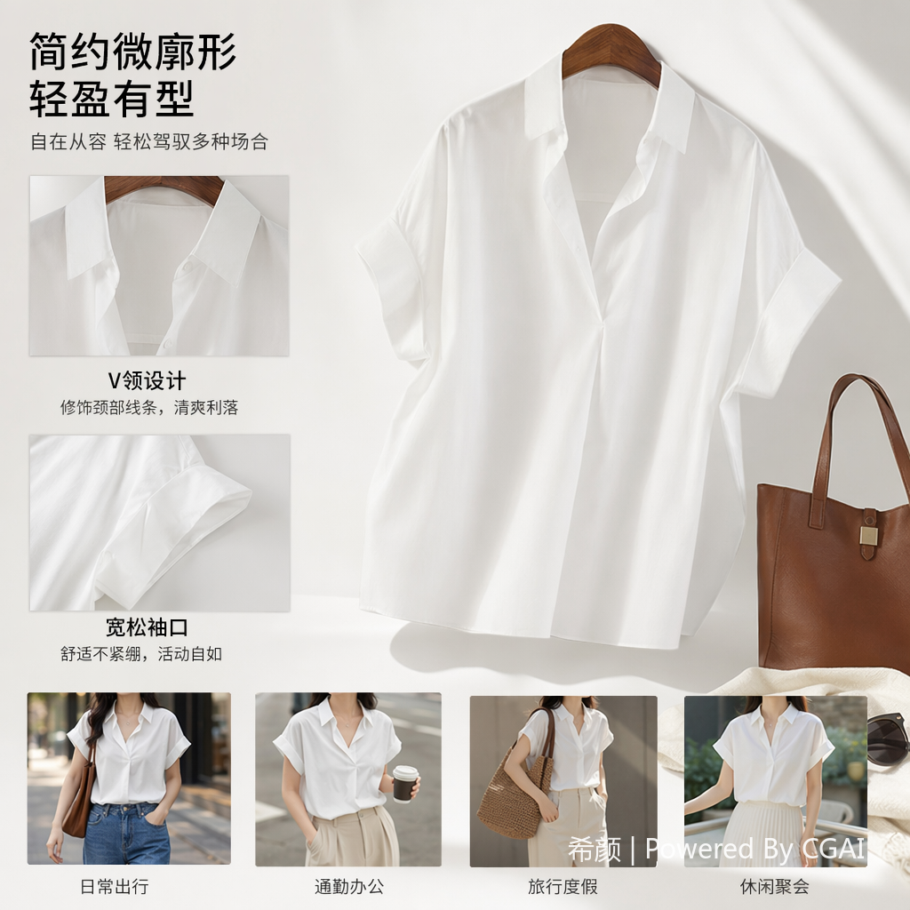 Women's dress, white short-sleeved ramie shirt, formal and fashionable top for women details Picture