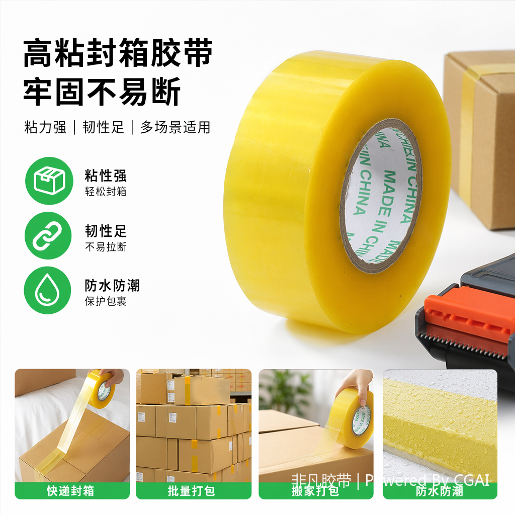 黄色封装打包胶带3CM耐高温透明胶纸配4CM封箱器图