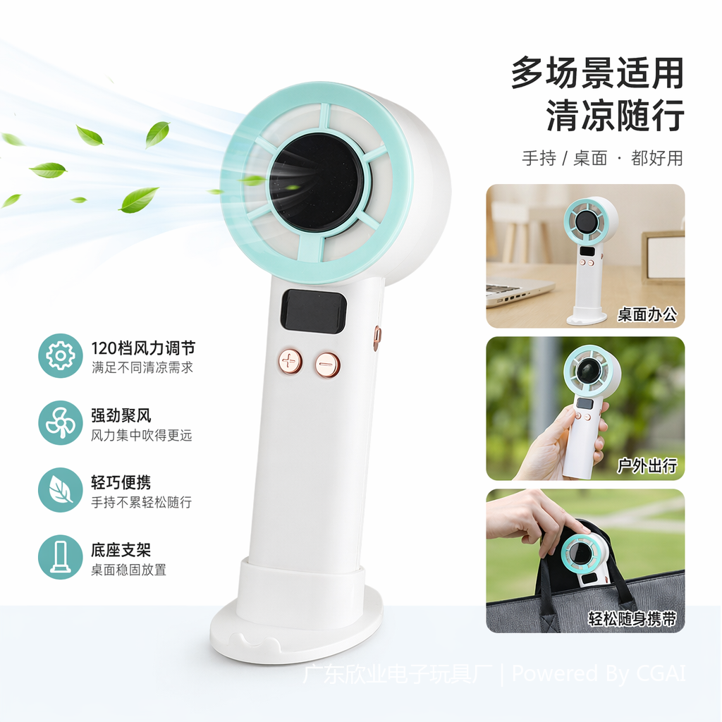 Mini handheld fan in white with light green and purple fan blades, digital screen with plus and minus keys, outdoor portable model