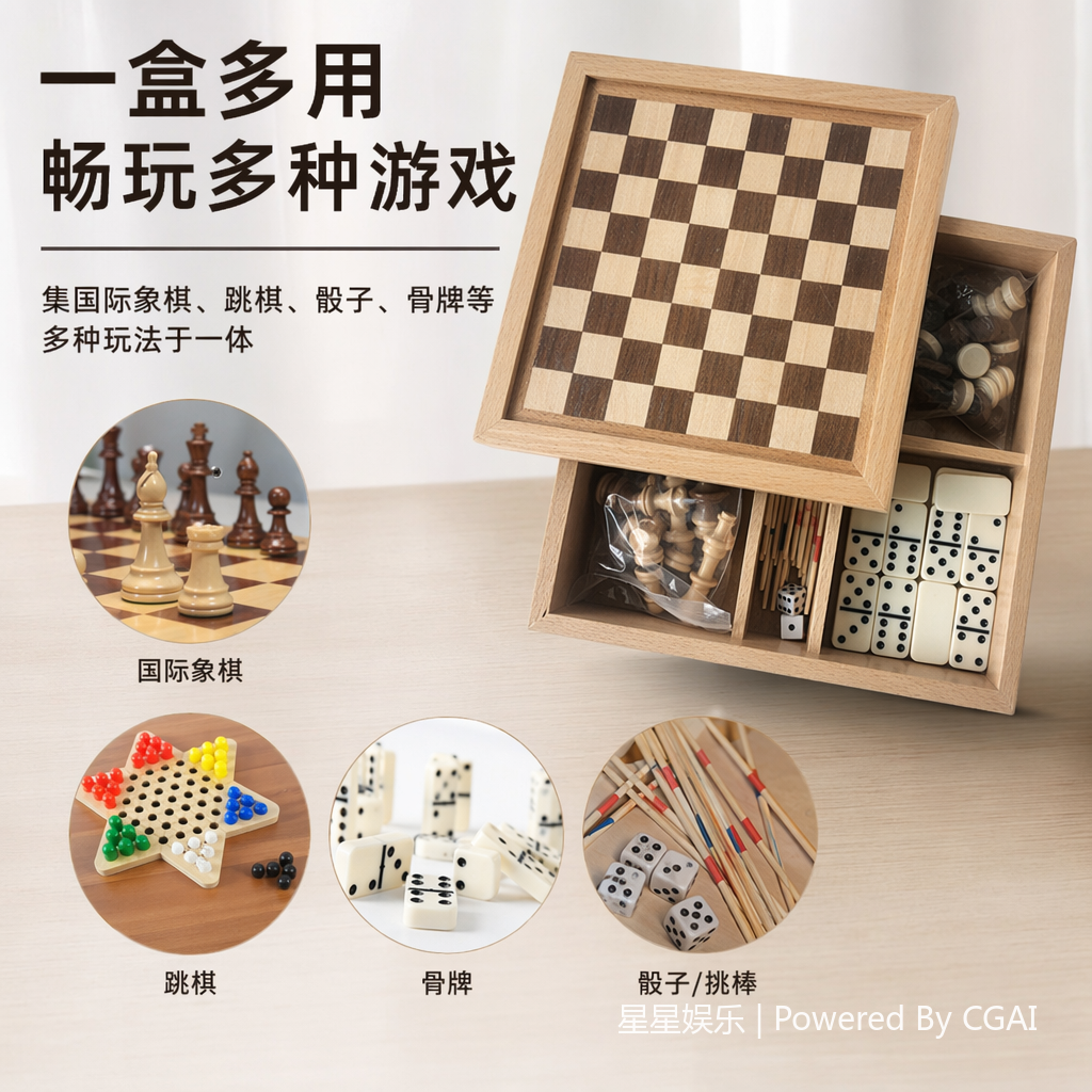 卡游木质棋牌桌游盒含国际象棋跳棋多米诺骰子转盘游戏国际跳棋