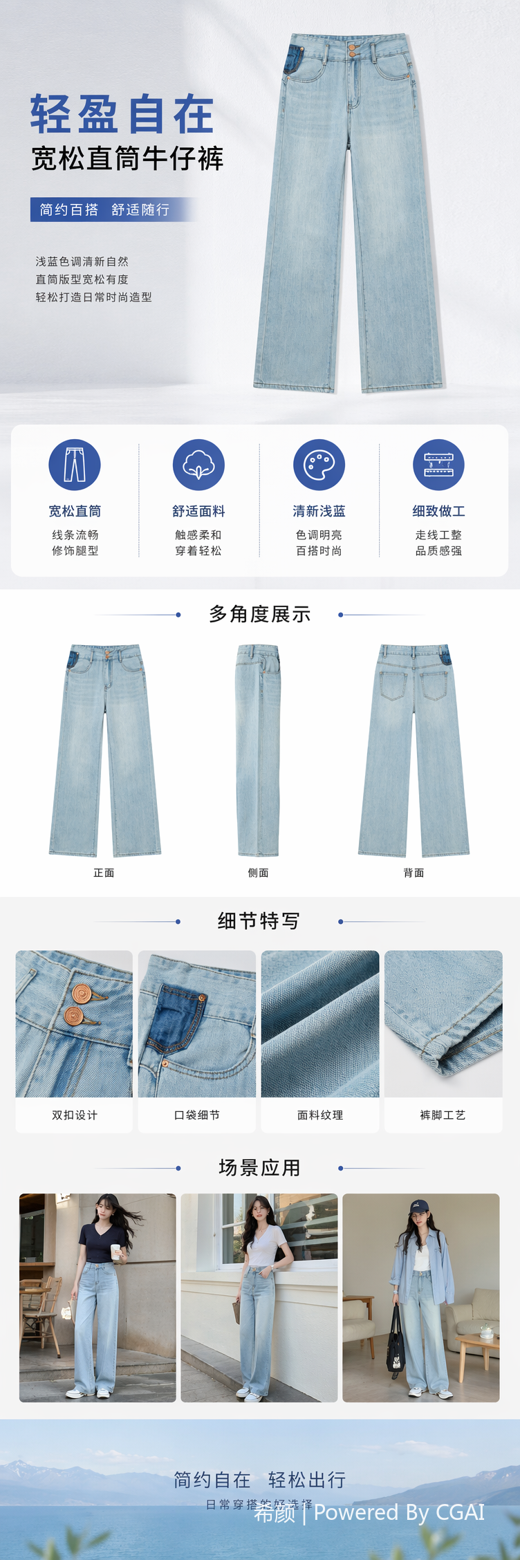 浅蓝色高腰排扣女裤宽松牛仔裤女装详情1