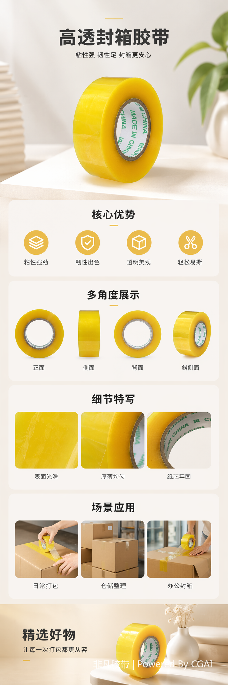 黄色封装打包胶带3CM耐高温透明胶纸配4CM封箱器详情1