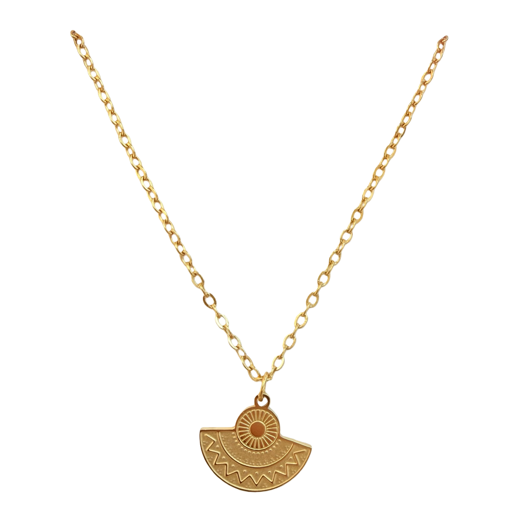 Geometric fan-shaped sun relief pendant, flat oval fine gold necklace, retro aged stainless steel jewelry, exotic tribal style, niche stacked collarbone chain Item Picture