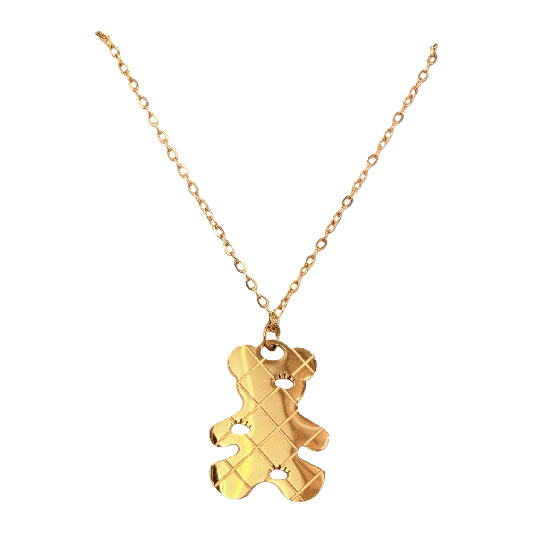 Checkered cut bear hollowed-out pendant, fine pendant, matte gold stainless steel neck accessory, simple and playful, a daily single-wear collarbone necklace for a girl Item Picture