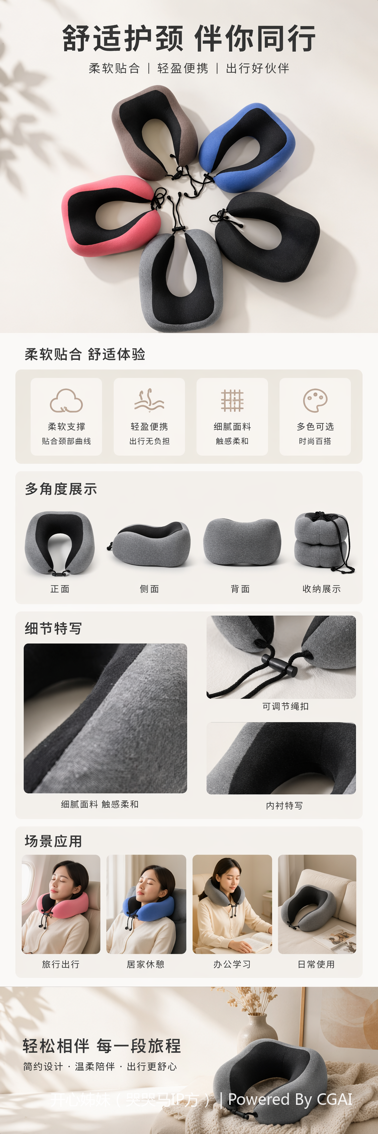 阳离子拼接双峰五色旅行U型枕脖枕 便携U形枕详情1